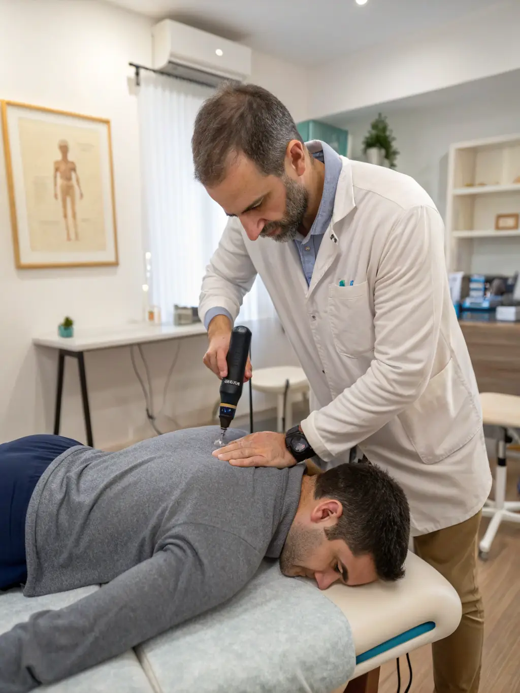 A chiropractor performing a spinal adjustment on a patient, focusing on precise hand movements and patient comfort in a modern clinic setting.