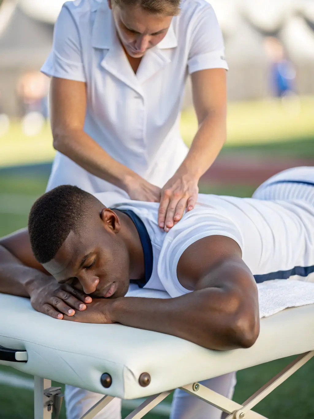 A sports massage therapist working on an athlete's leg muscles, highlighting the deep tissue work and focus on muscle recovery.