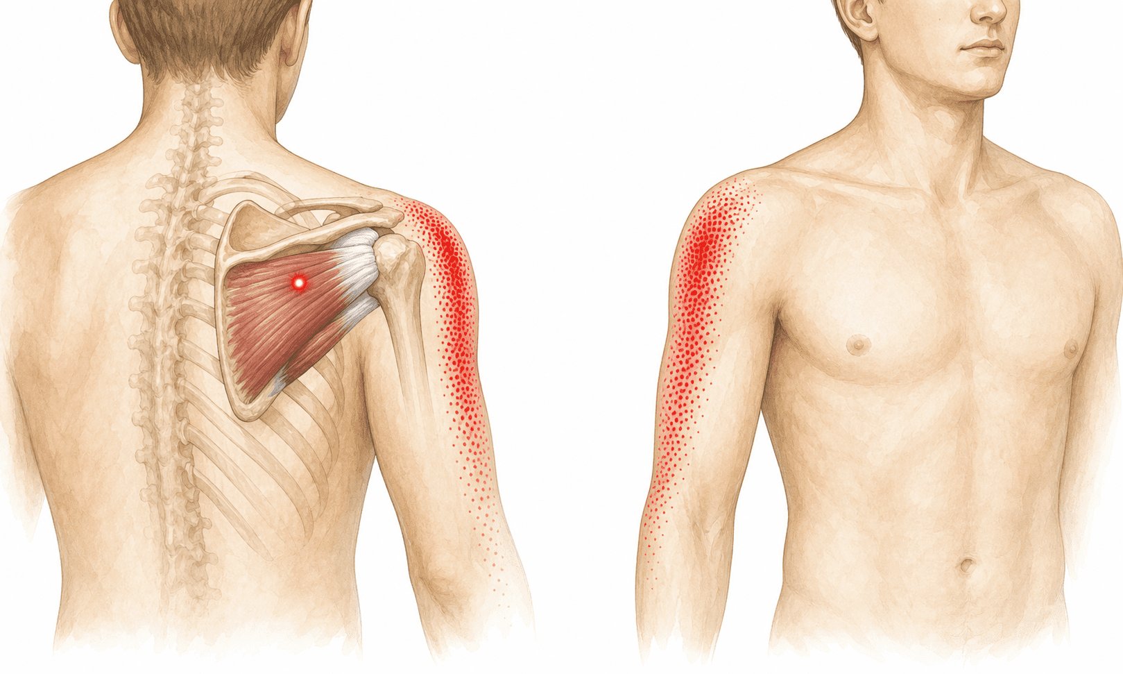 Illustration av refererad smärta från infraspinatus mot utsida axel och arm