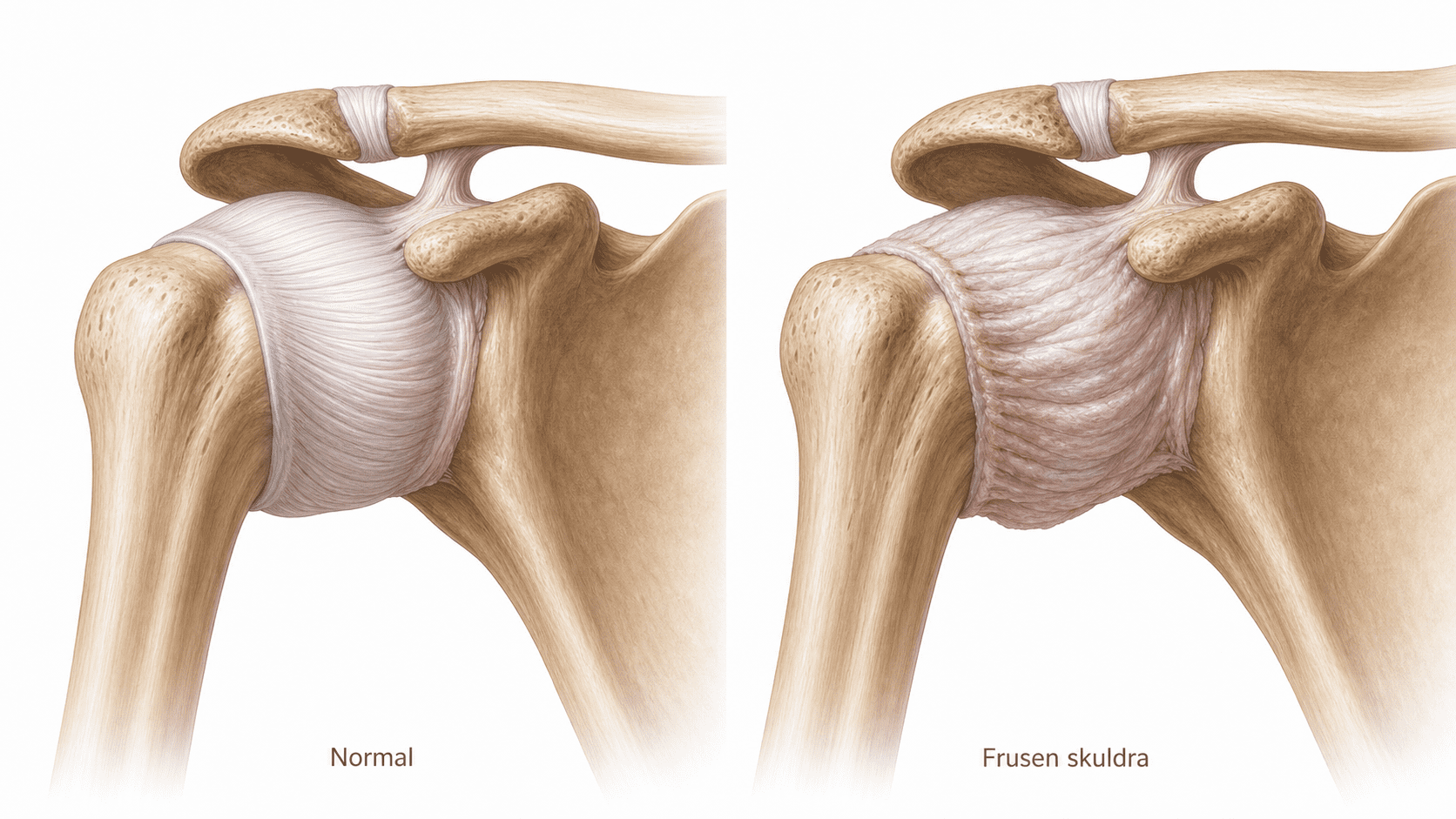Anatomisk illustration som jämför normal axelkapsel med stramare ledkapsel vid frusen skuldra